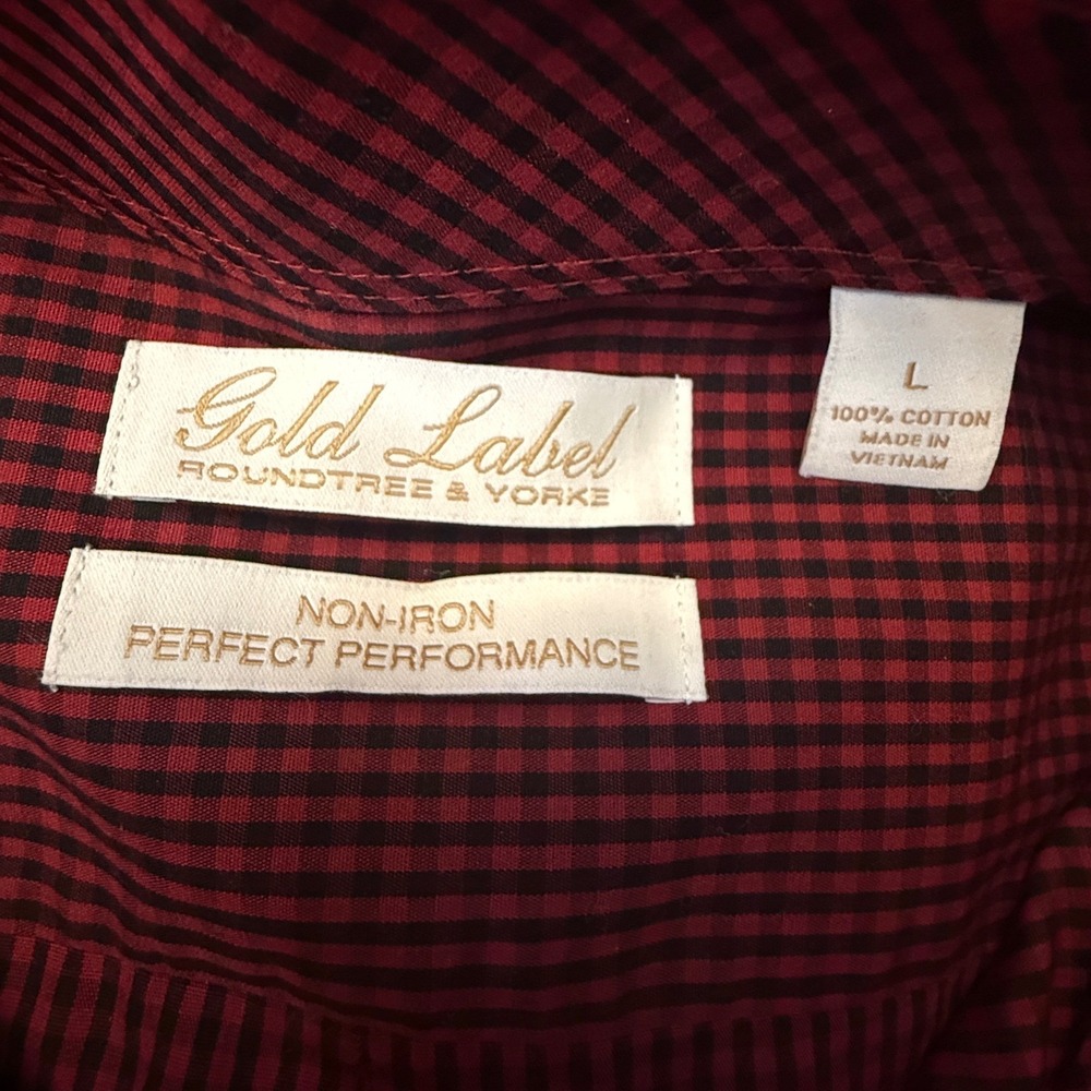 Roundtree & Yorke Gold Label Mens Large Red Black Gingham Non-Iron Cotton Shirt - Picture 7 of 7